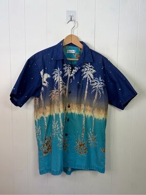 Vintage Hawaiian Short Sleeve Button Down Shirt Men's Size Large Blue Tropical